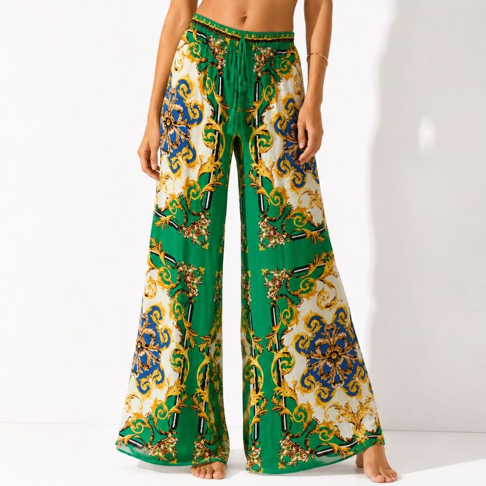 NWT Free Market Flying Tomato Palazzo Pants M Green Baroque Wide Leg Drawstring
